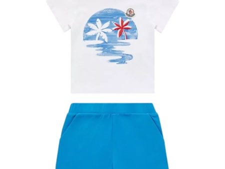 Moncler T-Shirt og Shorts Sett Optical White & Blue Hot on Sale